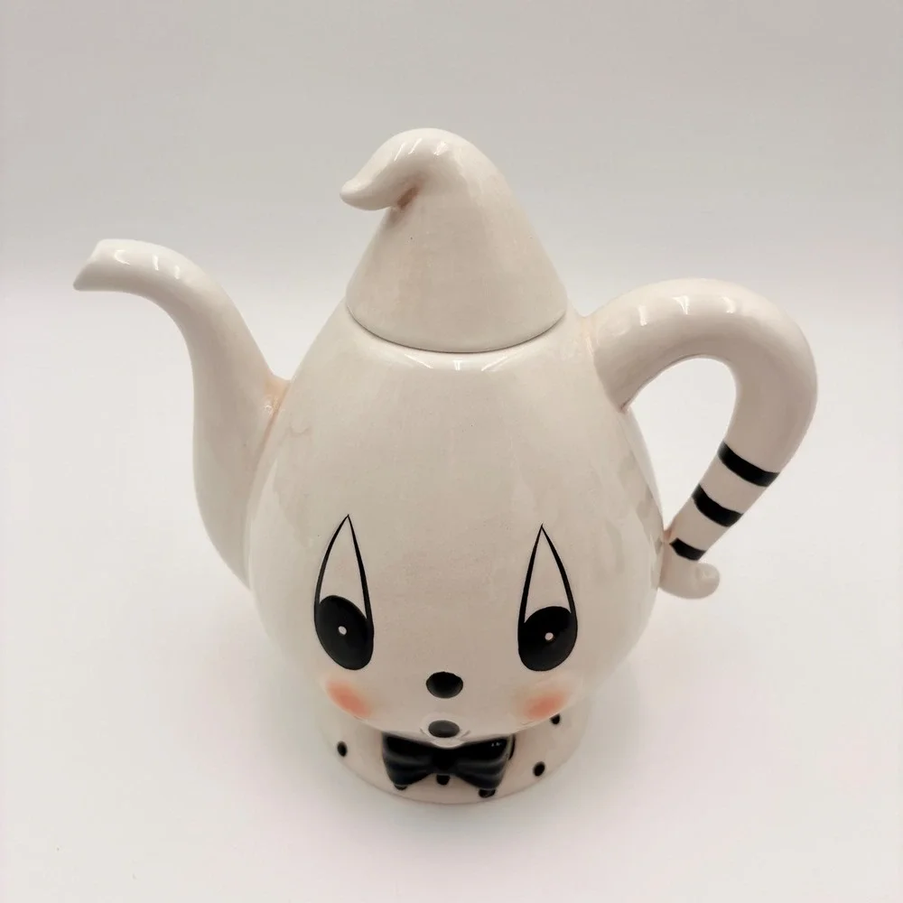 Johanna Parker Gus Ghost Clown Ceramic Teapot White Black Polka Dot Halloween
